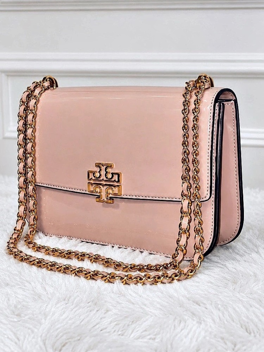 Tory Burch Britten Blush/ Devon Sand Patent Medium Shoulder Bag LIKE NEW